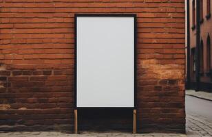 Blank Advertisement Billboard Mockup Against Brick Wall For Marketing. Outdoor Street Poster Display Empty Stand. photo