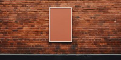 Signboard Mockup On Old Brick Wall Background. Poster Display Mock Up On Rustic Red Brick Texture. photo