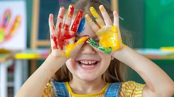 AI generated Little girl with hands painted in bright colors. Perfect for children art classes, creativity, imagination, and colorful concepts. photo