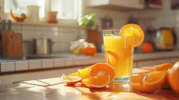 ai generado vaso de Fresco naranja jugo en un mostrador con rebanado naranjas, adecuado para comida y bebida conceptos, sano estilo de vida publicaciones. foto