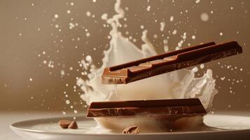 AI generated Chocolate and milk splashing on a plate, perfect for food blogs, social media posts, and advertising campaigns with a sweet theme. photo