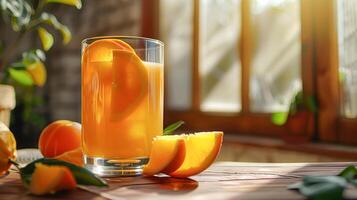 AI generated Glass of orange juice with a slice of orange suitable for food and beverage advertisements, health and wellness blog posts. photo