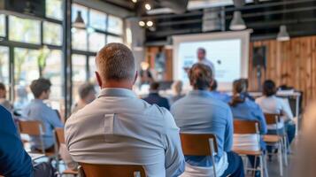 ai generado hombre en traje habla a audiencia, adecuado para presentaciones, negocio reuniones, seminarios, conferencias, liderazgo conceptos, corporativo eventos, público discurso. foto