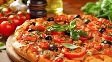 AI generated Pizza topped with tomatoes, olives, and cheese. perfect for Italian food blogs, restaurant menus, and social media posts. Great for food related designs. photo