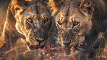 ai generado leones alimentación en un cuerpo en el césped con un grande animal. adecuado para fauna silvestre documentales, educativo materiales, o conservación campañas foto