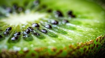 AI generated Close up of a kiwi fruit cut in half, perfect for food blogs, recipe websites, grocery store advertisements, and healthy lifestyle content. photo