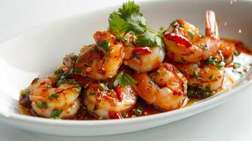 AI generated White bowl filled with shrimp and sauce, perfect for seafood restaurant menus, food blogs, or culinary presentation in marketing materials. photo