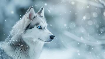 cerca arriba de un fornido perros azul ojos en el nieve, Perfecto para invierno temática diseños, mascota relacionado proyectos, y animal amante contenido. foto