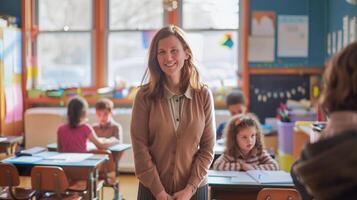 sonriente profesor con niños en un aula. Perfecto para educativo conceptos, colegio eventos, De vuelta a la escuela campañas, educativo sitios web, y social medios de comunicación. foto