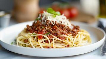 A plate of delicious Italian spaghetti topped with meat and sauce, perfect for food blogs, restaurant menus, and recipe websites. photo