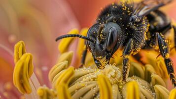 abeja en flor, de cerca disparo. Perfecto para naturaleza blogs, ambiental artículos, jardinería publicaciones, o educativo materiales acerca de polinización y insectos foto