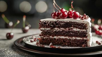 Delicious black forest cake with cherries perfect for bakery menus, dessert social media posts, or baking blog illustrations. Yummy treat inspiration. photo