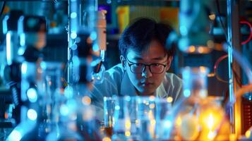 Man in lab examines glass, pondering experiment. Ideal for science, research, chemistry, discovery, technology, innovation, and education concepts. photo