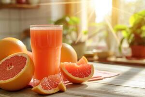 ai generado Fresco pomelo jugo y frutas en de madera mesa en cocina, de cerca foto