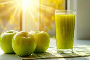 AI generated Glass of fresh apple juice with green apples on the windowsill. photo