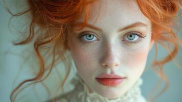 AI generated Portrait of a beautiful red-haired woman with freckles photo