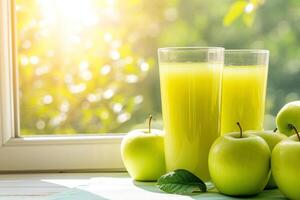 AI generated Two glasses of fresh apple juice with green apples on the windowsill photo
