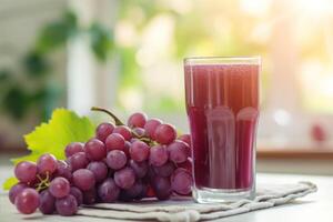 AI generated Grape juice in a glass and fresh grapes on the table. photo