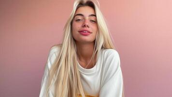 AI generated Portrait of a beautiful young blonde woman on a pink background. photo