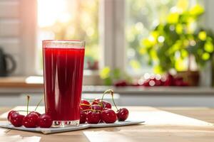 AI generated Cherry juice in glass and fresh cherries on wooden table in kitchen photo