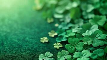 AI generated Clover leaves on green background. St. Patrick's Day concept. photo