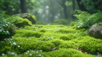 AI generated Beautiful green moss in the forest. Nature background. Selective focus. photo