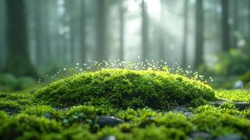AI generated Green moss in the forest with misty background. Soft focus. photo
