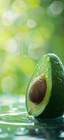 AI generated Avocado with water drops on green bokeh background, close up photo