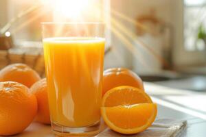 AI generated Glass of orange juice and fresh fruits on table in kitchen, sunlight photo