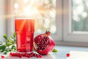 AI generated Pomegranate juice in a glass with fresh pomegranate fruits on the windowsill. photo