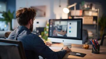 AI generated Young man working on computer at night in office. Man sitting at desk and working. photo