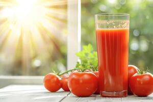 AI generated Glass of tomato juice and fresh tomatoes on windowsill, closeup photo