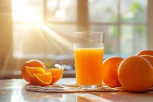 AI generated Glass of fresh orange juice and ripe oranges on kitchen table in sunlight photo