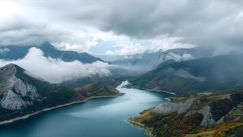 AI generated panoramic view of alpine lake and mountains in the clouds photo