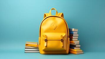 AI generated Yellow backpack with books on blue background. Back to school concept photo