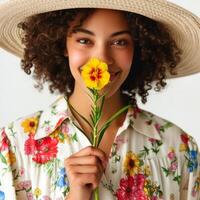 AI generated Portrait of a beautiful young woman with afro hairstyle wearing summer hat holding flower photo