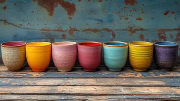 AI generated Colorful ceramic cups on old wooden table. Selective focus. photo