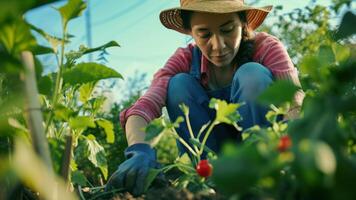 AI generated Portrait of young female gardener working in her vegetable garden. photo