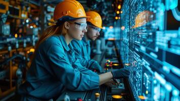 AI generated Engineer and factory worker working together on control panel in factory. photo