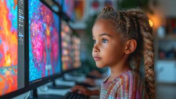 ai generado retrato de un pequeño niña jugando vídeo juegos en computadora a hogar foto