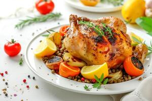 AI generated Buckwheat with roasted chicken and vegetables on plate, closeup photo