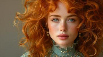 AI generated Portrait of a beautiful red-haired woman with curly hair. photo