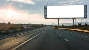 ai generado blanco cartelera en el autopista a puesta de sol. foto