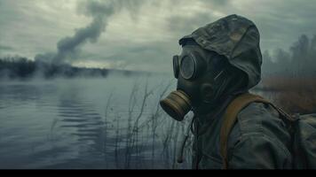 AI generated Man in gas mask and jacket standing on the shore of the lake photo