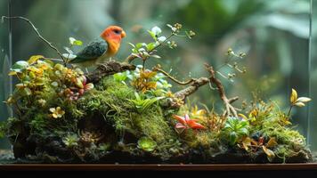 AI generated Parrot in the aquarium with green plants and succulents. photo