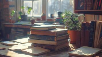 AI generated Books on the table in the library. Selective focus. Toned. photo