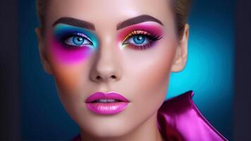 AI generated portrait of a beautiful woman with creative bright makeup photo