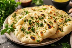 AI generated Tasty pita bread with herbs on plate, closeup photo