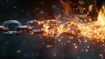 AI generated Burning steel chain with sparks on a dark background. The concept of breaking the chain. photo