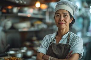 AI generated Portrait of mature female chef standing with arms crossed in commercial kitchen photo